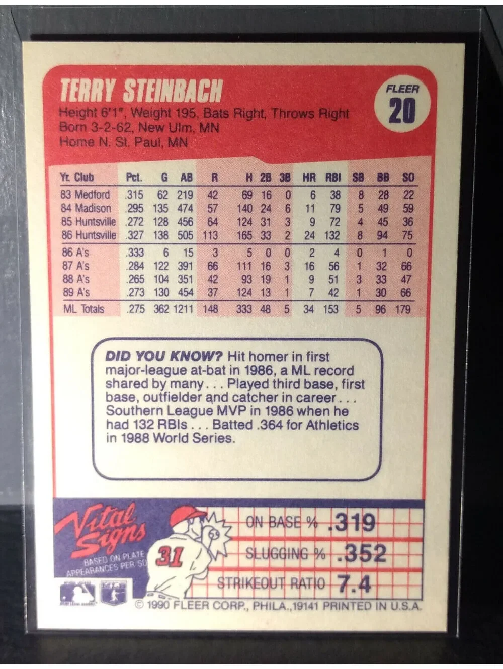 1990 Terry Steinbach Fleer Baseball Card #20